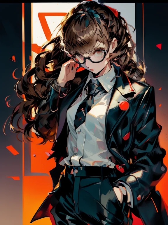 ((chibi)), big head, focus face, in the art style of persona5, (masterpiece:1.2, highest quality), (Realistic, photoRealistic:1.4), Beautiful illustrations, (Natural Side Lighting, Cinema Lighting), Written boundary depth, Beautiful thighs staring at the viewer, 1 female, 20-year-old, alone, thin, slender, (small breasts), long Hair, curly Hair, Forehead, Forehead, Forehead, Forehead, thin, slender, glasses, ((Skinny black pants, collared shirt, necktie)), Are standing, (((glasses)))