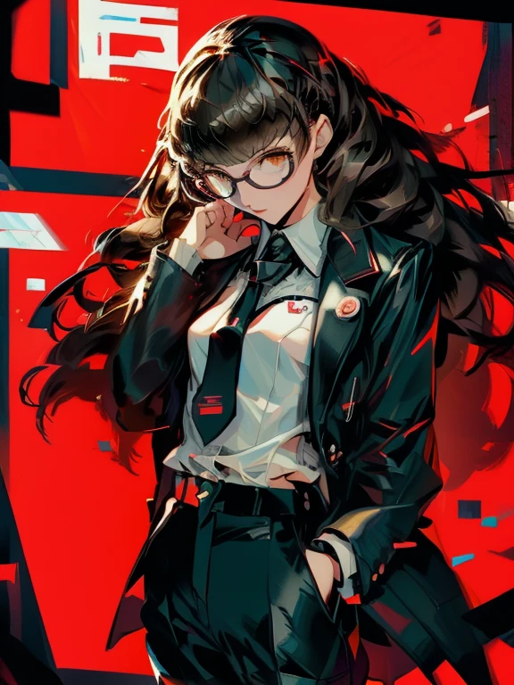 ((chibi)), big head, focus face, in the art style of persona5, (masterpiece:1.2, highest quality), (Realistic, photoRealistic:1.4), Beautiful illustrations, (Natural Side Lighting, Cinema Lighting), Written boundary depth, Beautiful thighs staring at the viewer, 1 female, 20-year-old, alone, thin, slender, (small breasts), long Hair, curly Hair, Forehead, Forehead, Forehead, Forehead, thin, slender, glasses, ((Skinny black pants, collared shirt, necktie)), Are standing, (((glasses)))