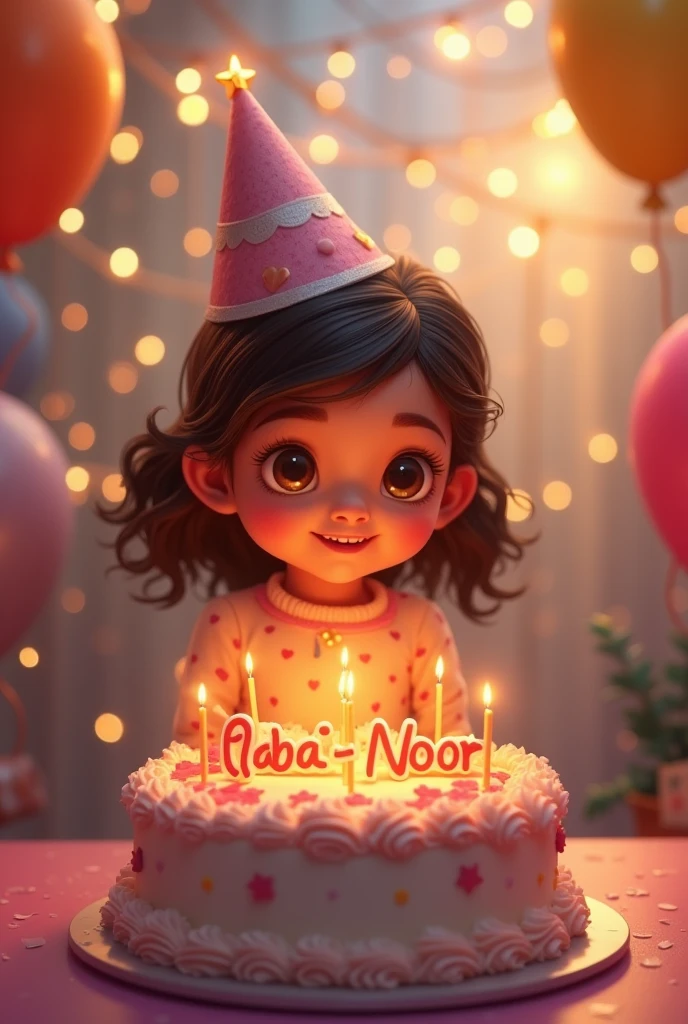 Birthday girl with cake name on Cake Rabia Noor background Balloons and birthday lights