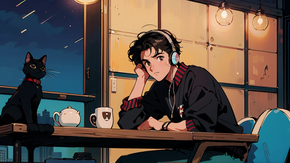 Highest quality, 8k, 1990s style,Hairstyles of the 2010s, 21 year old boy, Black Hair, Light brown eyes, City Pop, pants ,Night view, Wear headphones,I am studying, whole body, Relax Coffee,table,making,look at me, Black cat