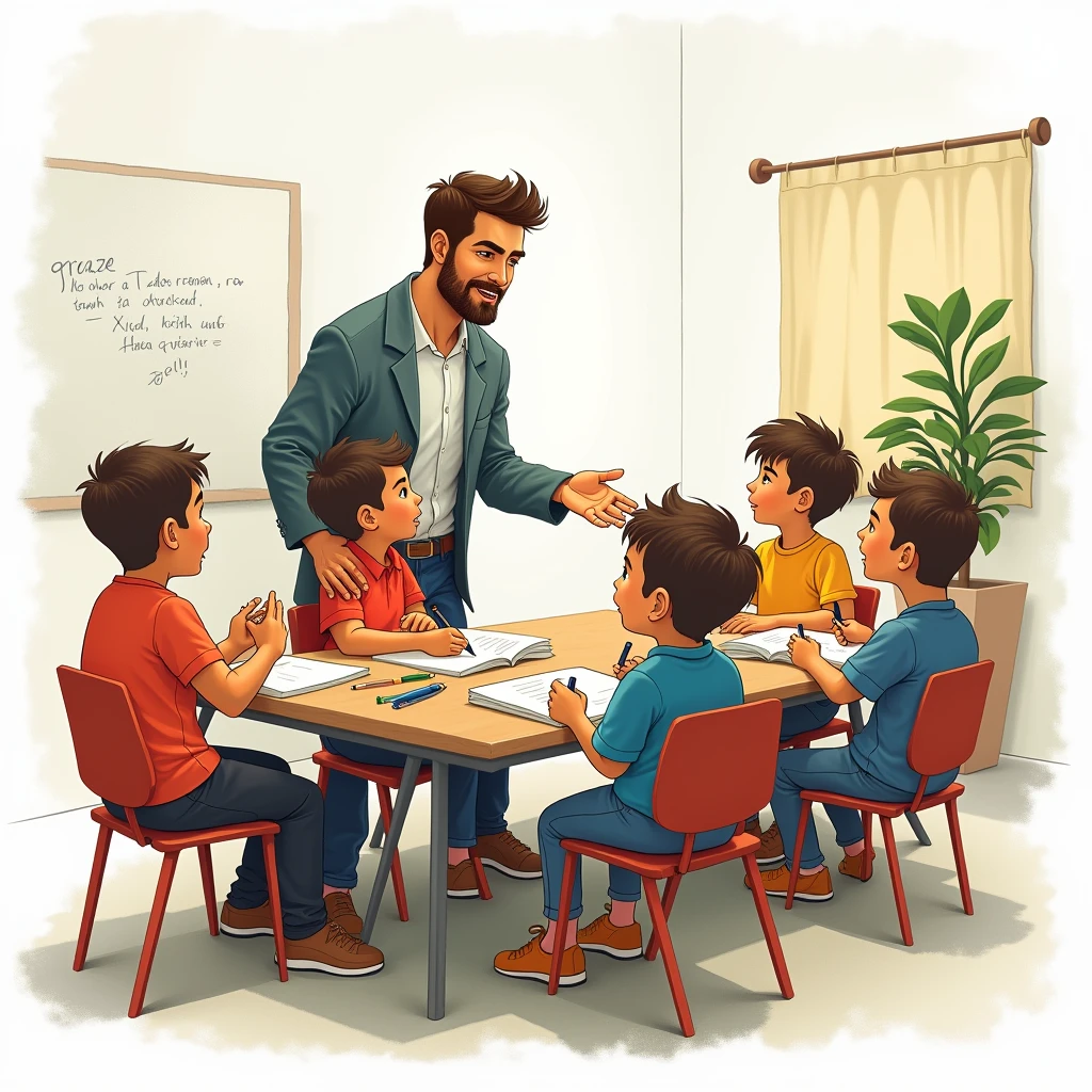 Create a drawing of a teacher (man) holds a meeting with his students (todos niños mans).