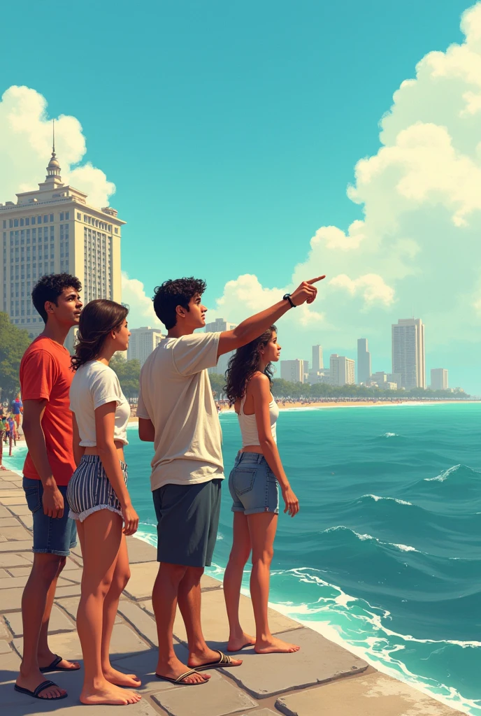 Rohan and Friends**:
- Description: A group of young friends, including Rohan, standing on Marine Drive, facing the sea. Their expressions range from casual conversation to a sudden look of fear as they point towards something in the distance.