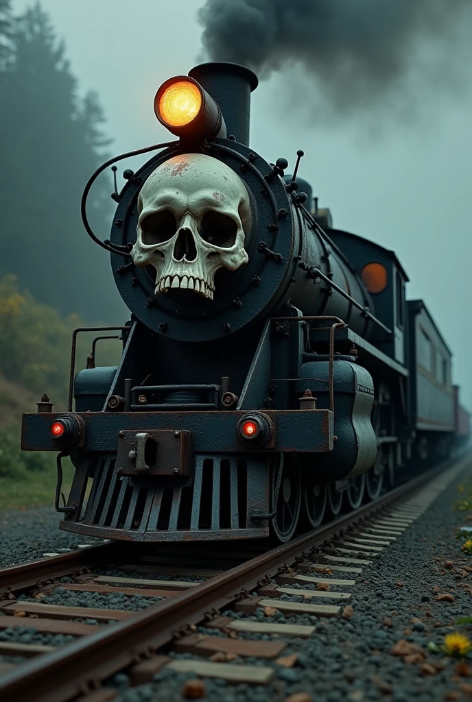 a skull-headed train, highly detailed, dark fantasy, cinematic lighting, dramatic atmosphere, rust, gears, steam, mechanical parts, dystopian, gothic, moody colors, chiaroscuro, intricate details, photorealistic, 8k, best quality, masterpiece
