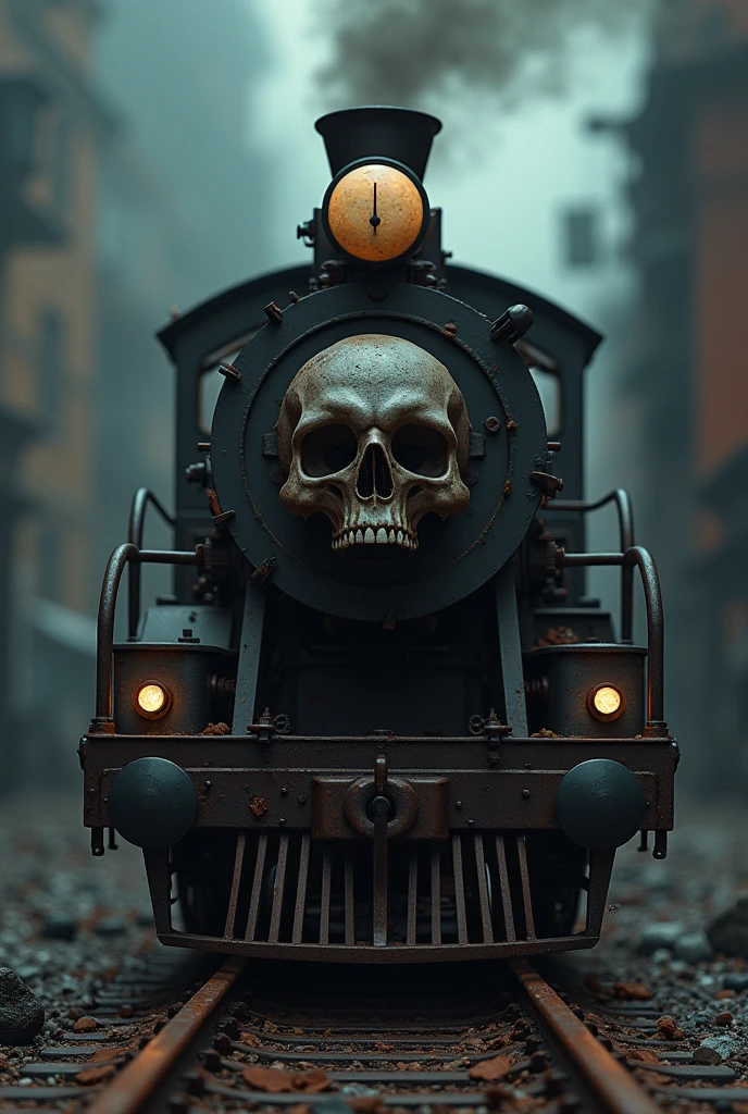 a skull-headed train, highly detailed, dark fantasy, cinematic lighting, dramatic atmosphere, rust, gears, steam, mechanical parts, dystopian, gothic, moody colors, chiaroscuro, intricate details, photorealistic, 8k, best quality, masterpiece