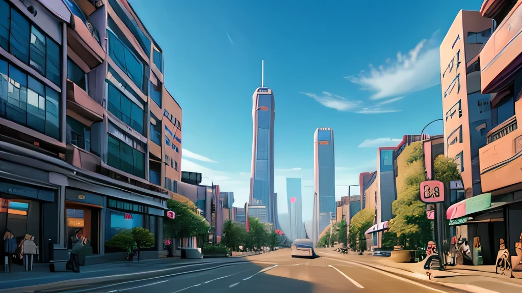 Sci-fi future city、In a crowded city、Clear sky、There is a sidewalk、up、From below、Street Corner