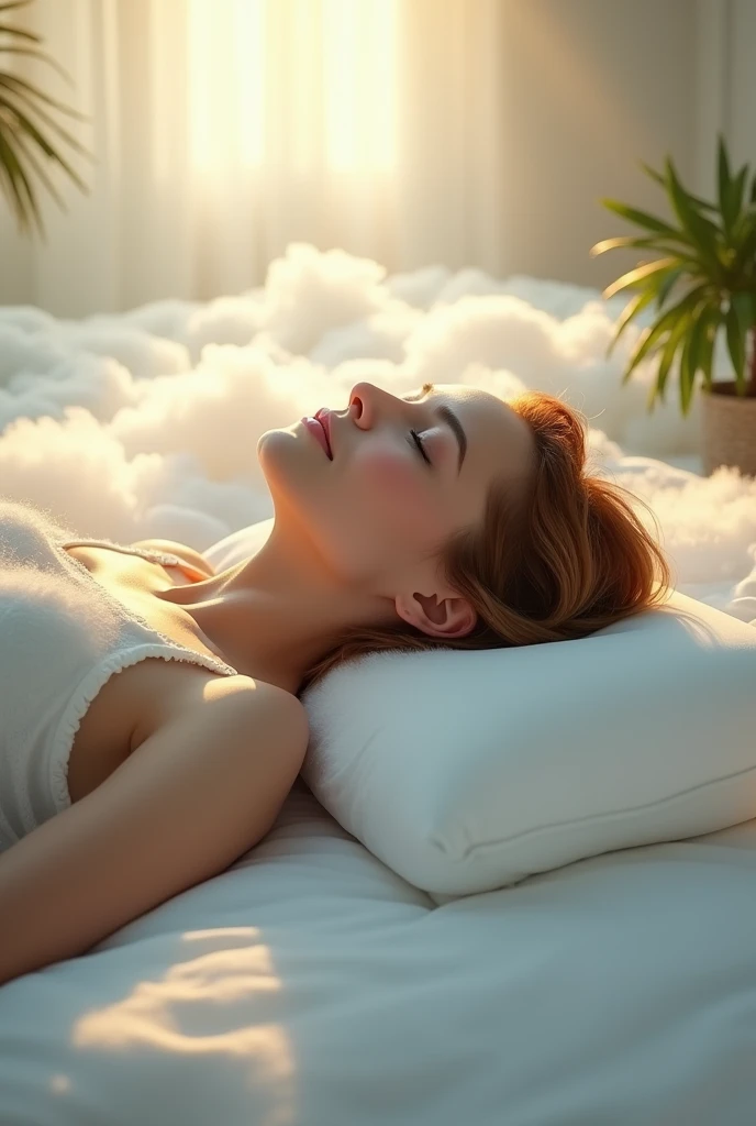 image of a woman lying face down on a bed of clouds, face on white cloud pillow, 1,70, 70 kg, looking 45 years old, another woman getting a back massage, plants, rays of sunlight, Realist, (best qualityer,4K,8k,high resolution,work of art:1.2),ultra detaild,(Realist,fotorRealista,foto-Realista:1.37),HDR,High definition,studio lighting,ultra-fine painting,sharp focus,Physically based rendering,extremely detailed description,proffesional,bright coloured,bokeh,Portrait INFO