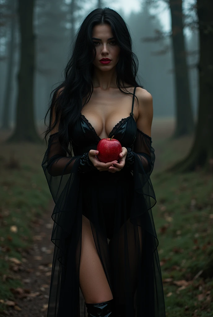 It is dawn and in a dark forest a beautiful hot milf brunette witch with very large and appetizing breasts and a guitar-style body, exudes voluptuousness, temptation and pleasure, wearing a beautiful, sensual, elegant and transparent black dress that resembles a doll, the red color of a lipstick gives it even more sensuality, her legs are beautiful and shapely and she wears vinyl boots that wrap her feet up to the knees, she is outside a house that seems to have come from a fairy tale, in the hands of the witch is a beautiful and juicy apple, but this is not a story of Snow White, in fact the witch is there to seduce someone, she will use all her knowledge in the Art of Seduction, after all she is there to satisfy all her debauchery with someone who lives in that house, pleasure, voluptuousness, debauchery and fulfillment of the wildest desires will dominate the night. Full body photography, ultra realistic photography, cinematic lighting, hyper quality, long black hair，Black Queen，Accessories，apple in hand，poisonous apples，Witch Queen，red lipstick