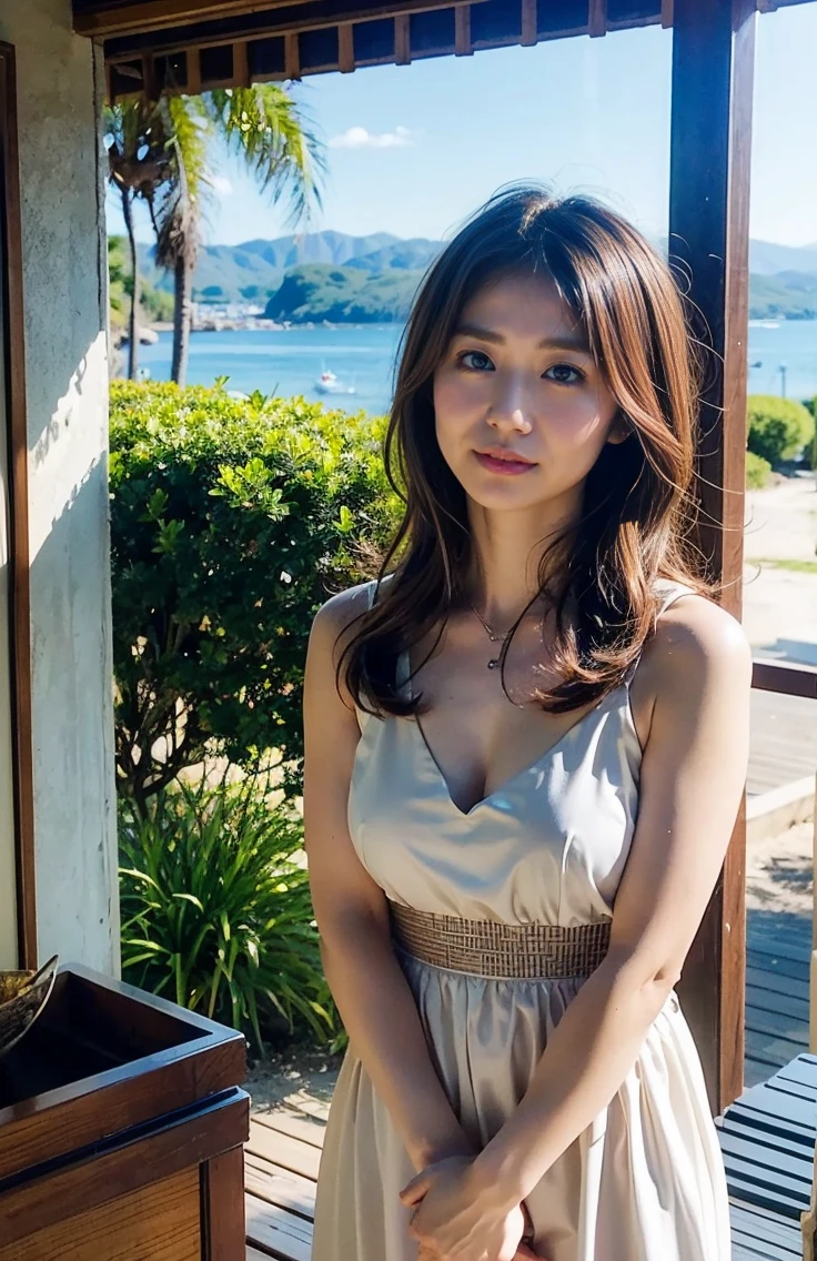 、Palm Tree、Lens flare、Hawaiian Landscape、Photos that make you feel midsummer、bright々and pouring sunlight、(Barely、:1.4)、ビーチでBarely、Excited girl、The sky turns red、、Light brown hair、Elegant hairstyle、Blue Eyed Woman、A woman with a cute upward gaze、When the sky gets dark、The sky turns red as the sun sets、Luxury Bagedium Shorthair:1.4))、The sun shines on her、Light brown hair、Light brown hair、The sky was dyed red、There are clouds、private's cute、彼女のAmple breastsは服の上からでも明らかです.、輝く太陽はとてもbeautiful、Dusk is approaching、Lens flare、I can see the sunset、((Sunlight reflecting off the ocean、Ocean View、The sun shines on the sea、'beautiful.、Small earrings、private'evening、Birds are also flying、、Brown Hair Color、Tying up hair、The woman is on the right:1.4))、Luxury leather belts、Shiny clothes、Light beige hair color、Background Blur、Braid only the front hair、Light brown hair、{{Cowgirl Shot}}、((Close-up shot from the waist up、Ample breasts:1.4))、Braid only the front hair、Cowboy Shot、((Ample breasts))、Full body photo、ring、Tuck your hair behind one ear、Silver Necklace、smile、 Elegant ponytail、Caustics、Highly detailed photos、Very beautiful and ideal short hair、Super no makeup、(8k、RAW Photos、Highest quality、masterpiece:1.2)、(Realistic、Realistic)、1 girl、((Medium Short Hair、Looking into the camera:1.4))、Hair blowing in the wind