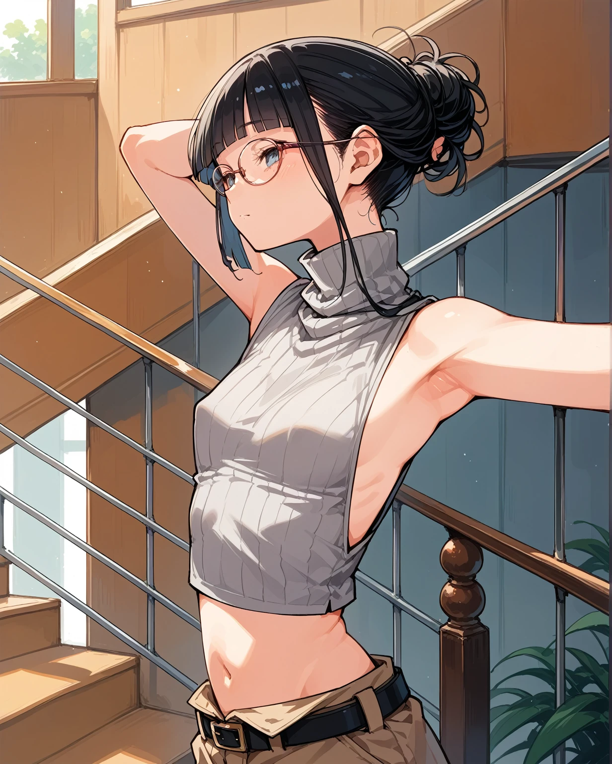 The sides of the upper body are completely exposed,側面が完全に空いているデザインのSleeveless turtleneck,Exposed from the flank to the chest,Protruding ribs,Exposed waistline,Super low rise,Not wearing an inner layer、胸元が開いたデザインのSleeveless turtleneck,Exposed chest、Exposed flanks,sexy,Flat Chest,Focus on your audience,Very thin body,Anime Style,Slim figure,delicate,Glasses,Asian woman wearing a grey top posing on the stairs, Sleeveless turtleneck_With dowel, 脇が大きく開いているSleeveless turtleneck_Relaxed back design,rib cage,Side bust,Shoulders are wide open,sexyなWearing a crop top, Photo of slim girl model, Chiho, T-Top, shikamimi, Wearing a crop top, Real life anime girls, Kurohime cut hair, Chassis, 2 4-year-old female model