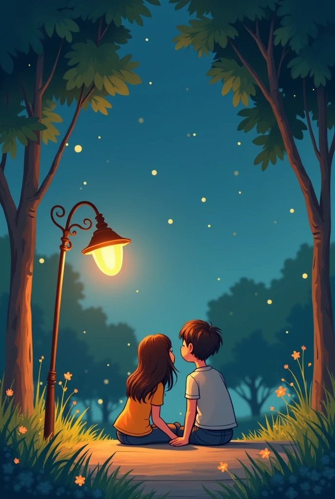 cartoon two couple sit under night lamp at park facing behind. With word “Forever we’ll grow”