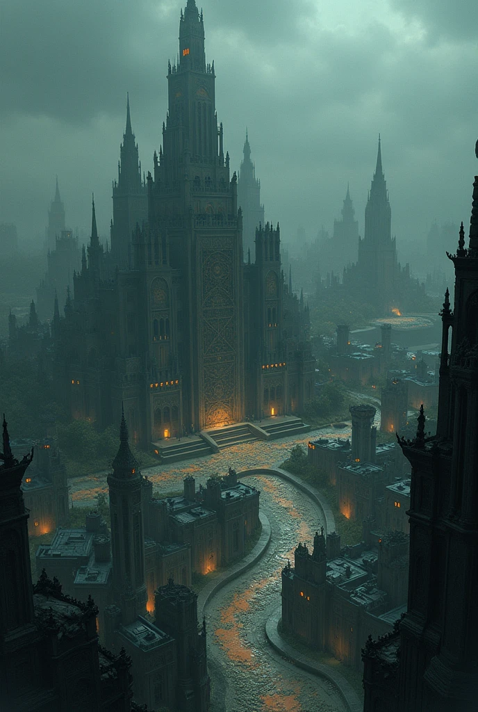 Create a detailed map of a dystopian city named New Dunwich, shrouded in mystery and infused with the eerie presence of an eldritch cult. The city is characterized by its dark, twisted architecture and unsettling atmosphere. Below are specific elements to include in your map:
Key Features:
Central Obelisk:
A towering, ancient obelisk at the heart of the city, covered in strange runes and symbols. This serves as the cult's focal point for rituals.
Cult Headquarters:
A labyrinthine building resembling a gothic cathedral, featuring hidden chambers, secret passages, and a cryptic library filled with forbidden texts.
Shattered District:
An area of the city that appears to be in ruins, with crumbling buildings and overgrown vegetation. This district is rumored to be haunted by the whispers of the cult's former members.
The Veil:
A dense, fog-laden park that separates the cult's headquarters from the rest of the city. The park is filled with twisted trees and unsettling statues that seem to watch passersby.
Market of Shadows:
A bustling underground market where citizens trade in forbidden artifacts and dark knowledge. The stalls are dimly lit, and the air is thick with mystery.
The Abyssal River:
A dark, slow-moving river that runs through the city, rumored to have strange properties. Its banks are lined with eerie shrines dedicated to unknown entities.
The Watchers:
Towering statues positioned at key intersections, resembling faceless figures. They are said to be the guardians of the cult, observing the city's inhabitants.
Residential Quarters:
Deteriorating tenements where the citizens live in fear of the cult. The buildings are interconnected by narrow alleys and hidden passages.
Additional Elements:
Atmosphere:
Incorporate elements that convey a sense of dread and unease, such as flickering streetlights, shadows that seem to move independently, and the distant sound of chanting.
Color Palette:
Use a dark and muted color palette with splashes of unsettling colors (like