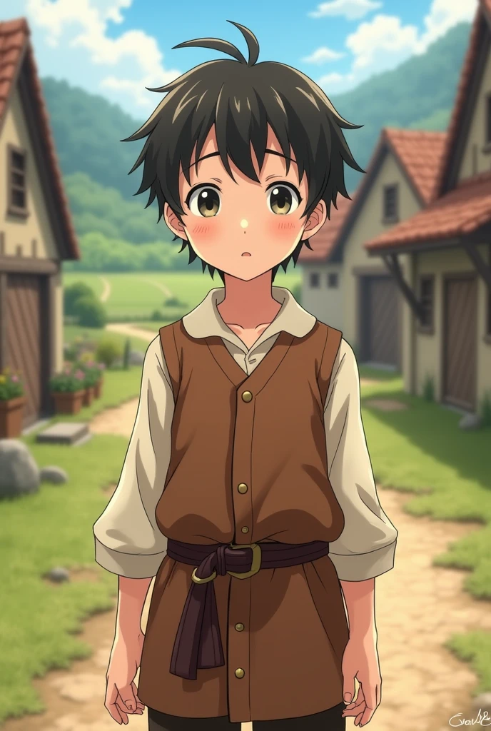 A young boy with a gentle and kind face, still retaining a sense of youthfulness, standing in a medieval rural setting. He has a slightly pale complexion and a thin, delicate body. The background features a simple countryside environment with rustic elements like fields, cottages, or a small village. The image is in an anime style, highlighting his youthful appearance, pale skin, and the peaceful, rural atmosphere.