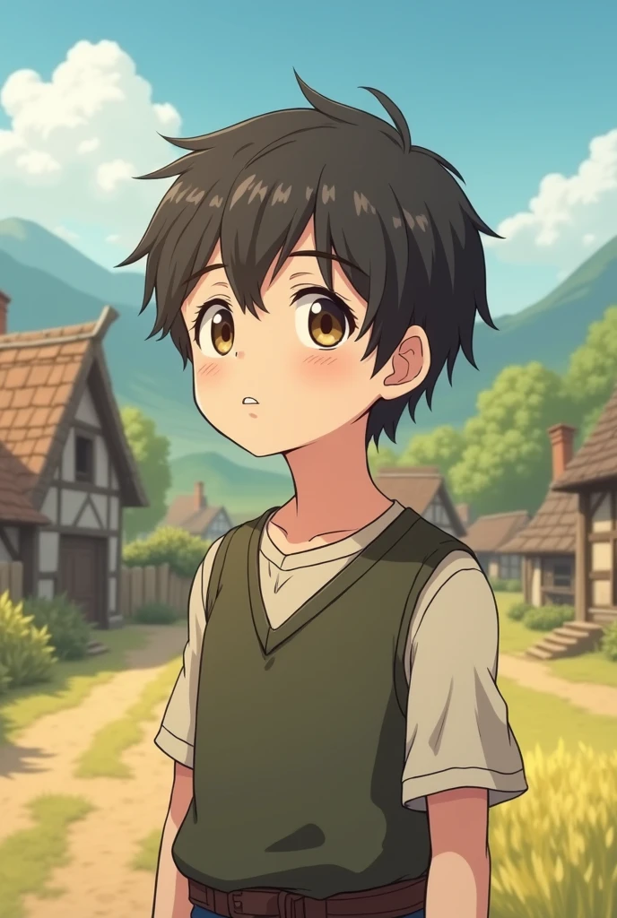 A young boy with a gentle and kind face, still retaining a sense of youthfulness, standing in a medieval rural setting. He has a slightly pale complexion and a thin, delicate body. The background features a simple countryside environment with rustic elements like fields, cottages, or a small village. The image is in an anime style, highlighting his youthful appearance, pale skin, and the peaceful, rural atmosphere.
