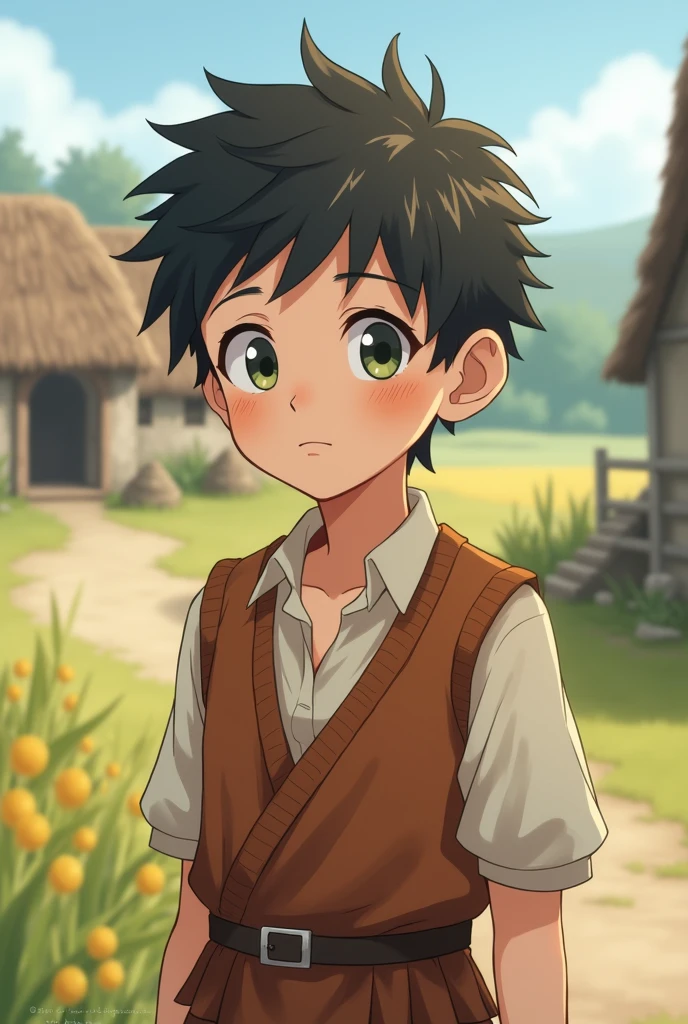 A young boy with a gentle and kind face, still retaining a sense of youthfulness, standing in a medieval rural setting. He has a slightly pale complexion and a thin, delicate body. The background features a simple countryside environment with rustic elements like fields, cottages, or a small village. The image is in an anime style, highlighting his youthful appearance, pale skin, and the peaceful, rural atmosphere.