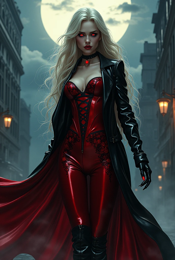 dark fantasy art, comic art, gothic art, (masterpiece:1.5), full body best details, highly detailed, best quality, highres, full body portrait of a female vampire (Masterpiece, best quality: 1.6), ultra feminine, with a long curvy hair, blond hair, (red:1.3) eyes, glowing eyes ((beautiful delicate face)), ((vampire fangs: 1.3)) Ultra Detailed Face (wearing elegant glamour open black leather jacket: 1.5) , (flowing black leather jacket: 1.5), wearing an intricate (red suit: 1.2) (intricate details, Masterpiece, best quality: 1.3), high heeled boots, urban background (intense details, beat details), fantasy, at night light, natural ,moon light, clouds, gothic atmosphere, soft light, ((anatomically correct: 1.3)), high details, best quality, 16k, [ultra detailed], masterpiece, best quality, (extremely detailed), dynamic angle, drkfntasy, evening dress, Intense gaze