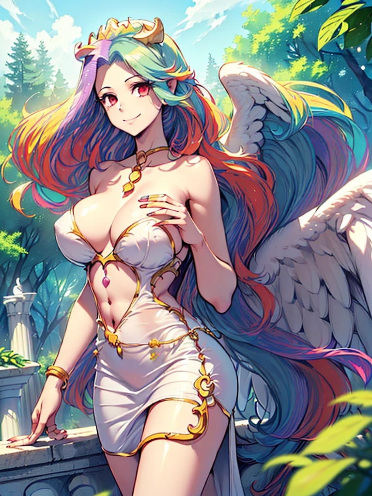 great quality ++ Extremely detailed high resolutionolution, very aesthetic, expressive eyes, (((perfect face))), (((face symmetrical))), ((good anatomy)), (((perfect hands))), (((8k))), UHD, HD wallpaper, (((detailed high cal, (((((1girl)))))), only, masterpiece, The best quality, high resolution, Highly detailed, (illustration), beautiful detailed eyes, (((combatant))), (((1girl))), ((((fulll body)))), (((((((irisviel von einzbern)))))), (((((princess celestia)))), ((((human form)))), (((((smile))))), ((humanized princess celestia)), Celestia, Celestia de My Little Poni, Celestia in milf form, long wavy hair, (((red eyes))), (((strapless tube dress))), (((white dress))), (((milfication))), (((mature female))), (((gigantic breasts))), (((white pony ears))), (((wings))), (((Detailed fingers))), Precise fingers, Not unnatural hands, strange eye, Greek columns, exterior, beautiful majestic forest, vine leaves surrounding the columns, flower bushes everywhere, clear sky, bright sunny day, ((((Multicolored Hair))), heavenly forest,
