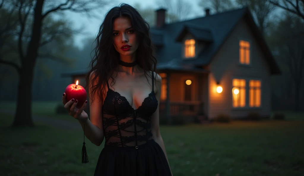 It's dawn and in a dark forest a beautiful and hot brunette witch with very large and appetizing breasts and a guitar-style body exudes voluptuousness, temptation and pleasure, wearing a beautiful, sensual, elegant and transparent black dress that resembles a babydoll, the red color of a lipstick gives it even more sensuality. She is outside a house that looks like it came from a fairy tale, in the witch's hands is a beautiful and juicy apple, but this is not a story of Snow White, in fact the witch is there to seduce someone, she will use all her knowledge in the Art of Seduction, after all she is there to satisfy all her debauchery with someone who lives in that house, pleasure, voluptuousness, debauchery and the fulfillment of the wildest desires will dominate the night.