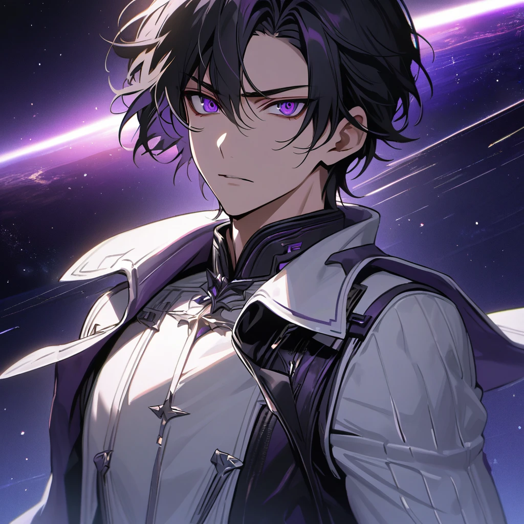 High quality, HD, 4k, no shadows, handsome male, handsome, 1male, 18 years old, 18yo, short black hair, dark hair, black hair, jet black hair, sharp eyes, deep purple colored eyes, dark purple colored eyes, deep purple eyes, purple eyes, devil may cry, close up, calm expression, stoic expression, black leather clothes, white leather clothing, lean body, well trained body, upper body, looking at viewer, cowboy shot, white solar, space background