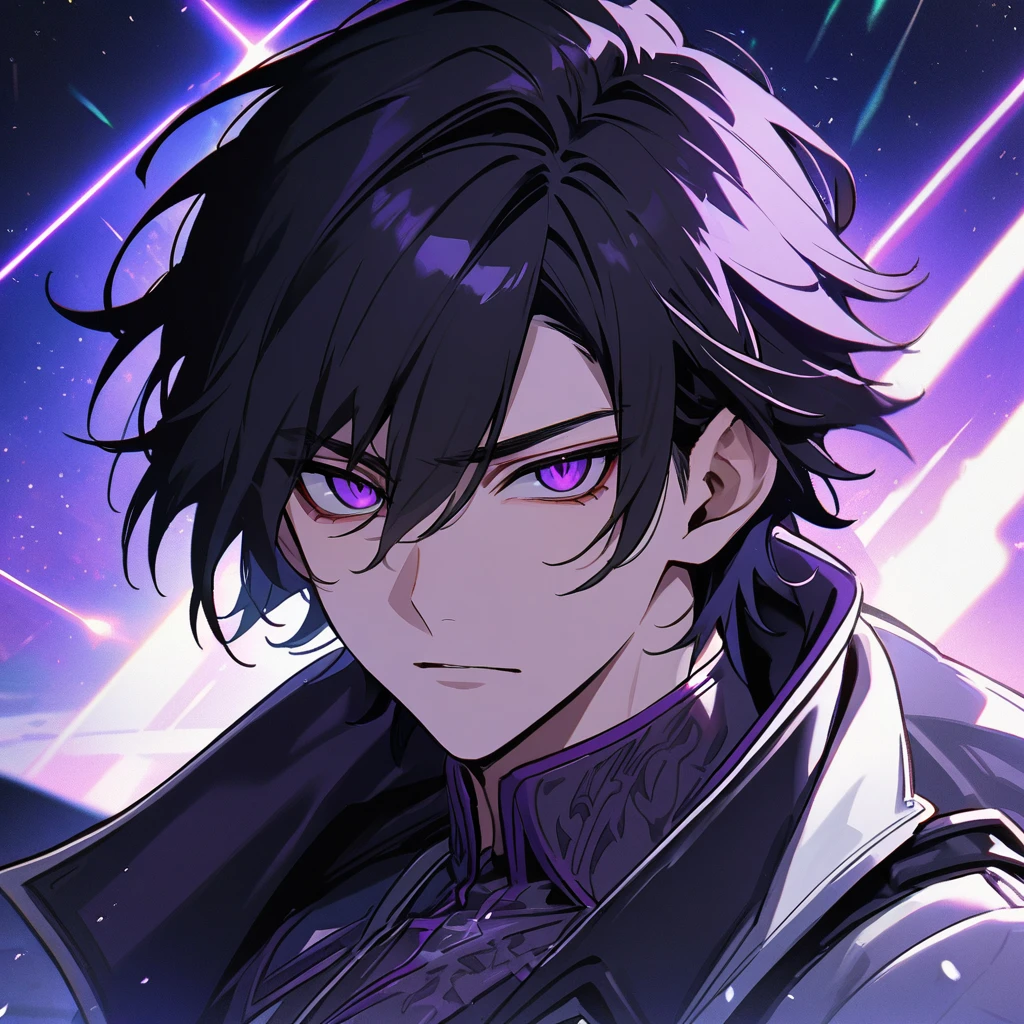 High quality, HD, 4k, no shadows, handsome male, handsome, 1male, 18 years old, 18yo, short black hair, dark hair, black hair, jet black hair, sharp eyes, deep purple colored eyes, dark purple colored eyes, deep purple eyes, purple eyes, devil may cry, close up, calm expression, stoic expression, black leather clothes, white leather clothing, lean body, well trained body, upper body, looking at viewer, cowboy shot, white solar, space background