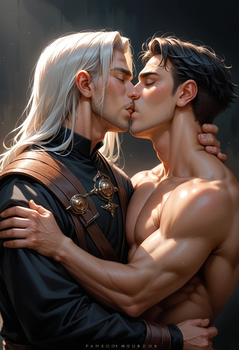 full faraway view, Stunning dark fantasy 25 year old anime male assassin, with long black hair freckled skin, intimately kissing, a 25 year old male anime druid, handsome, with long white hair, eyes closed, facial expressions of lust, Dark fantasy romantic semirealistic manga comic style. Volumetric and dynamic lighting. Hyperdetailed photorealistic hyperrealistic