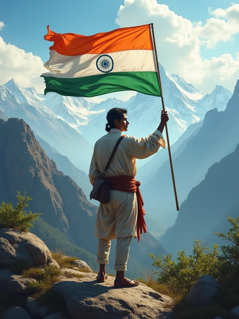 Make a photo of India's great leader Bhagat Singh ji who is standing on the middle of the mountains by taking an India flag