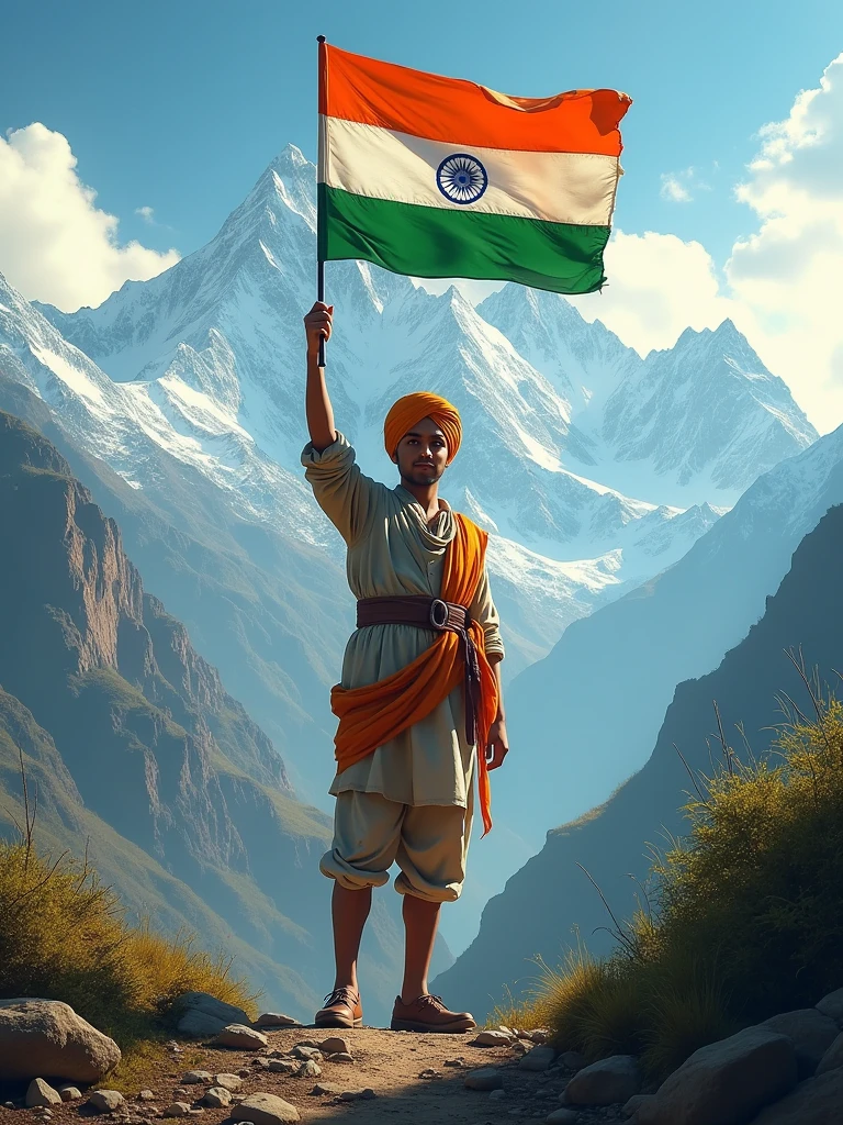 Make a photo of India's great leader Bhagat Singh ji who is standing on the middle of the mountains by taking an India flag