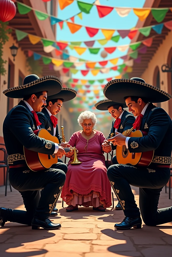Group of Mariachis with Mexican hats dressed in black, with guitars and trumpets kneeling before an old woman sitting at a typical Mexican party