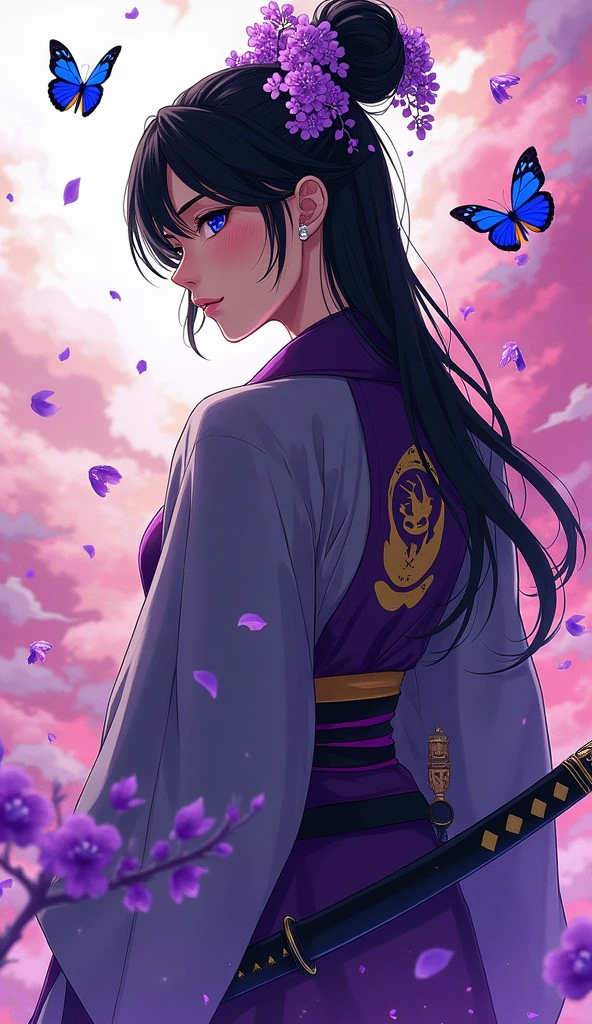 Create a vibrant portrait of a modern samurai woman with an anime-inspired aesthetic. She stands in profile, her gaze intense and focused. Her long black hair is styled in a high bun adorned with purple wisteria flowers, loose strands framing her face.She wears a sleek, stylized kimono in shades of deep purple and gray, adorned with intricate patterns and a bold emblem on the back. A katana rests at her hip, its hilt visible.The background explodes with color: swirling pink and purple clouds, petals, and paint splatters create a dreamlike atmosphere. Vibrant blue butterflies flutter around her, symbolizing transformation and grace.Incorporate elements of traditional Japanese art with contemporary urban style. Use a color palette dominated by purples, pinks, and blues, with touches of gold for accents.Convey a sense of strength, elegance, and mystique in her posture and expression. Blend the serene and the dynamic, the traditional and the modern, in this captivating warrior portrait.