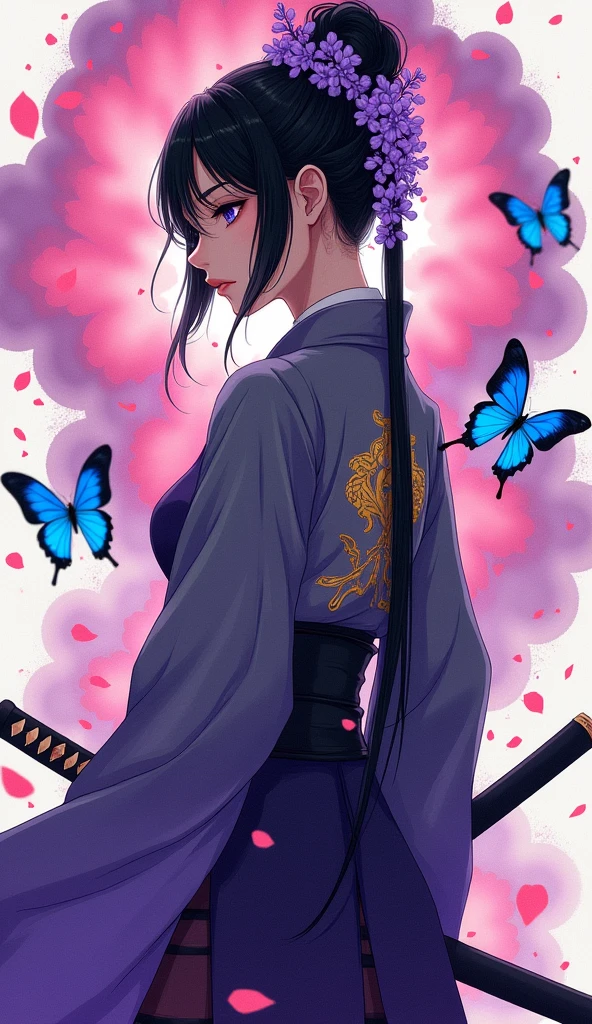 Create a vibrant portrait of a modern samurai woman with an anime-inspired aesthetic. She stands in profile, her gaze intense and focused. Her long black hair is styled in a high bun adorned with purple wisteria flowers, loose strands framing her face.She wears a sleek, stylized kimono in shades of deep purple and gray, adorned with intricate patterns and a bold emblem on the back. A katana rests at her hip, its hilt visible.The background explodes with color: swirling pink and purple clouds, petals, and paint splatters create a dreamlike atmosphere. Vibrant blue butterflies flutter around her, symbolizing transformation and grace.Incorporate elements of traditional Japanese art with contemporary urban style. Use a color palette dominated by purples, pinks, and blues, with touches of gold for accents.Convey a sense of strength, elegance, and mystique in her posture and expression. Blend the serene and the dynamic, the traditional and the modern, in this captivating warrior portrait.