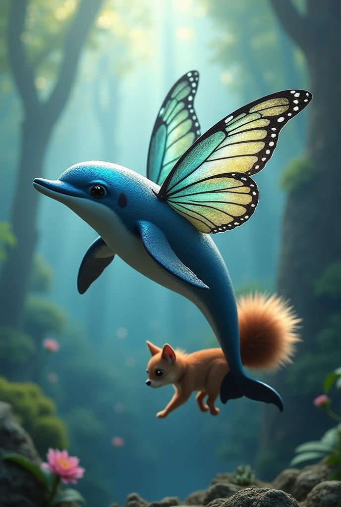 Blue dolphin with butterfly wings and small dog paws and a brown squirrel tail 
