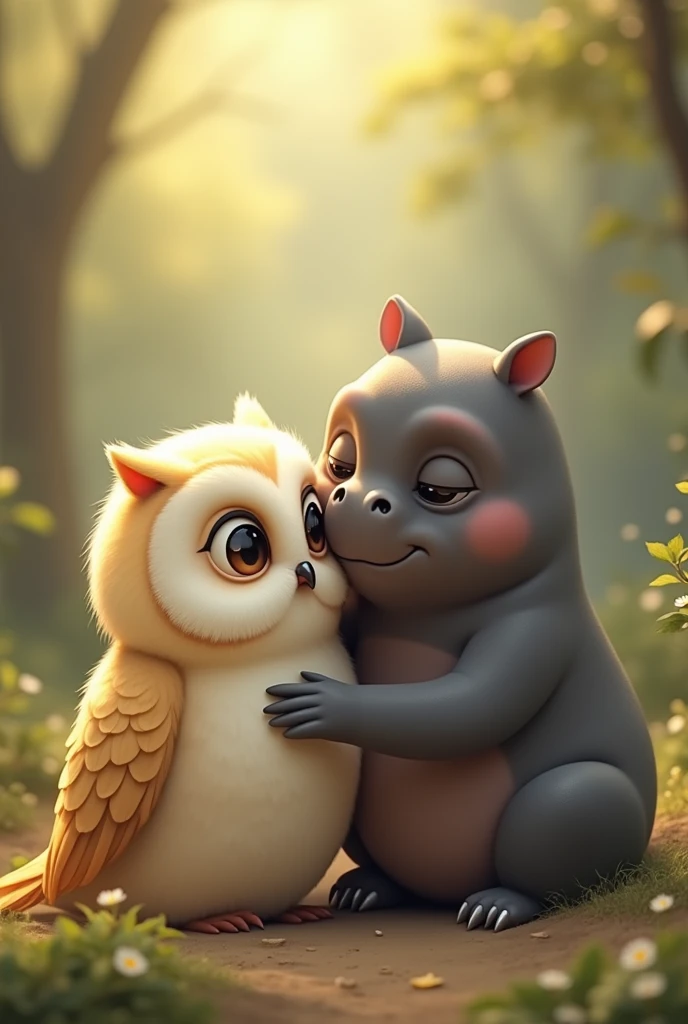 A romantic animal couple consisting of 1. An owl, tender with big eyes, with light-colored feathers 2.   dark grey hippopotamus, with the characteristics of a hippopotamus, hairless and tender 