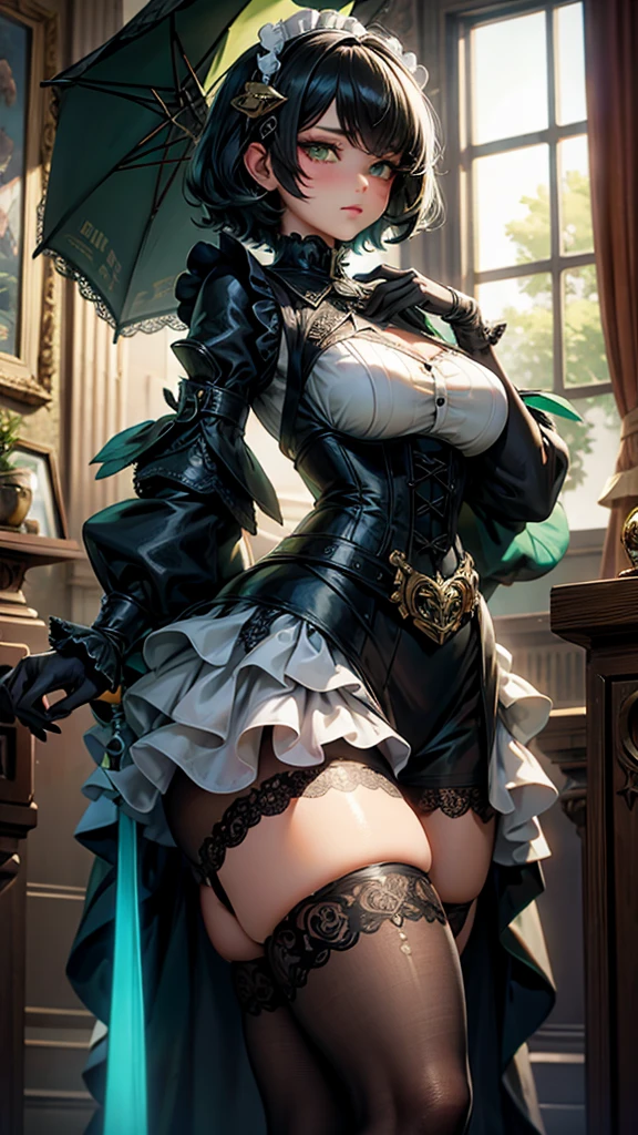 White hair , short hair, pinched eyes, (big-:1.5) , Thin legs, thin body, leather collar, Maid outfit victorian, dynamic pose, full body, View from below, wide hips, Kneeling