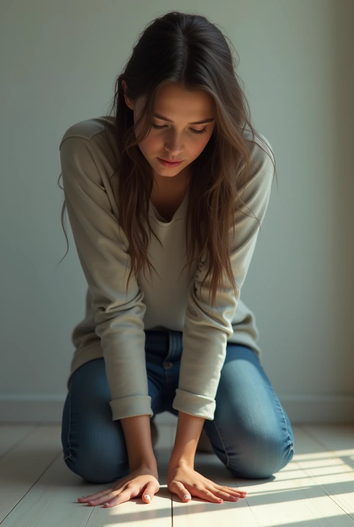 Woman in jeans and long sleeve t-shirt kneeling on the floor touching the floor with bend over slouch front view