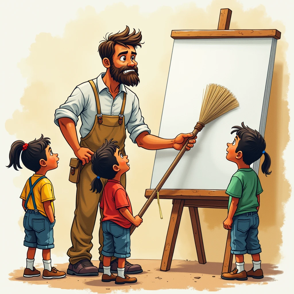 Create a drawing of a teacher (man) He makes his students sweep (todos niños mans).