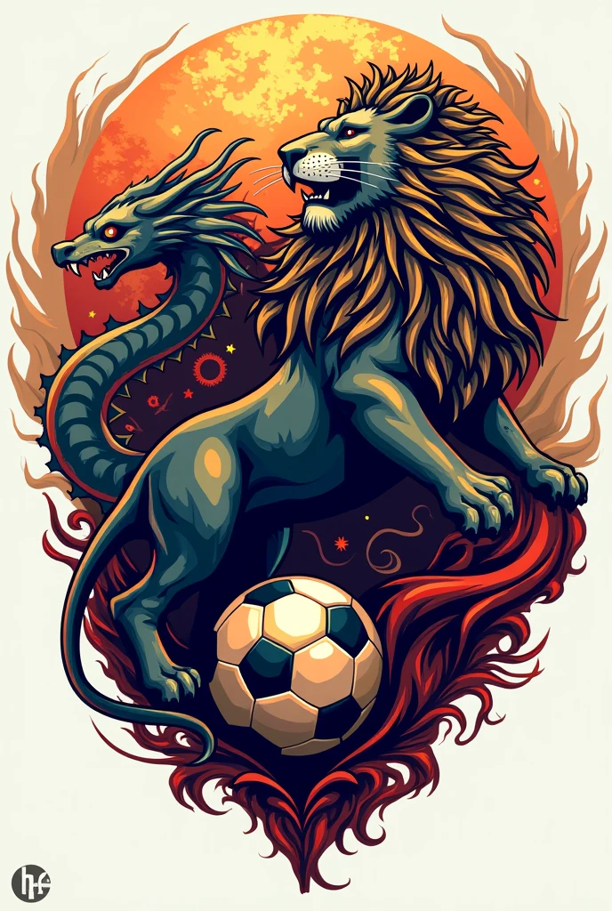 Design me a soccer team logo with a lion and dragon symbol