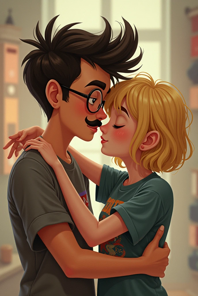 boy wearing round glasses, mullet haircut and wears a mustache, hugging a cute girl with short blonde hair, wearing emo band shirt
