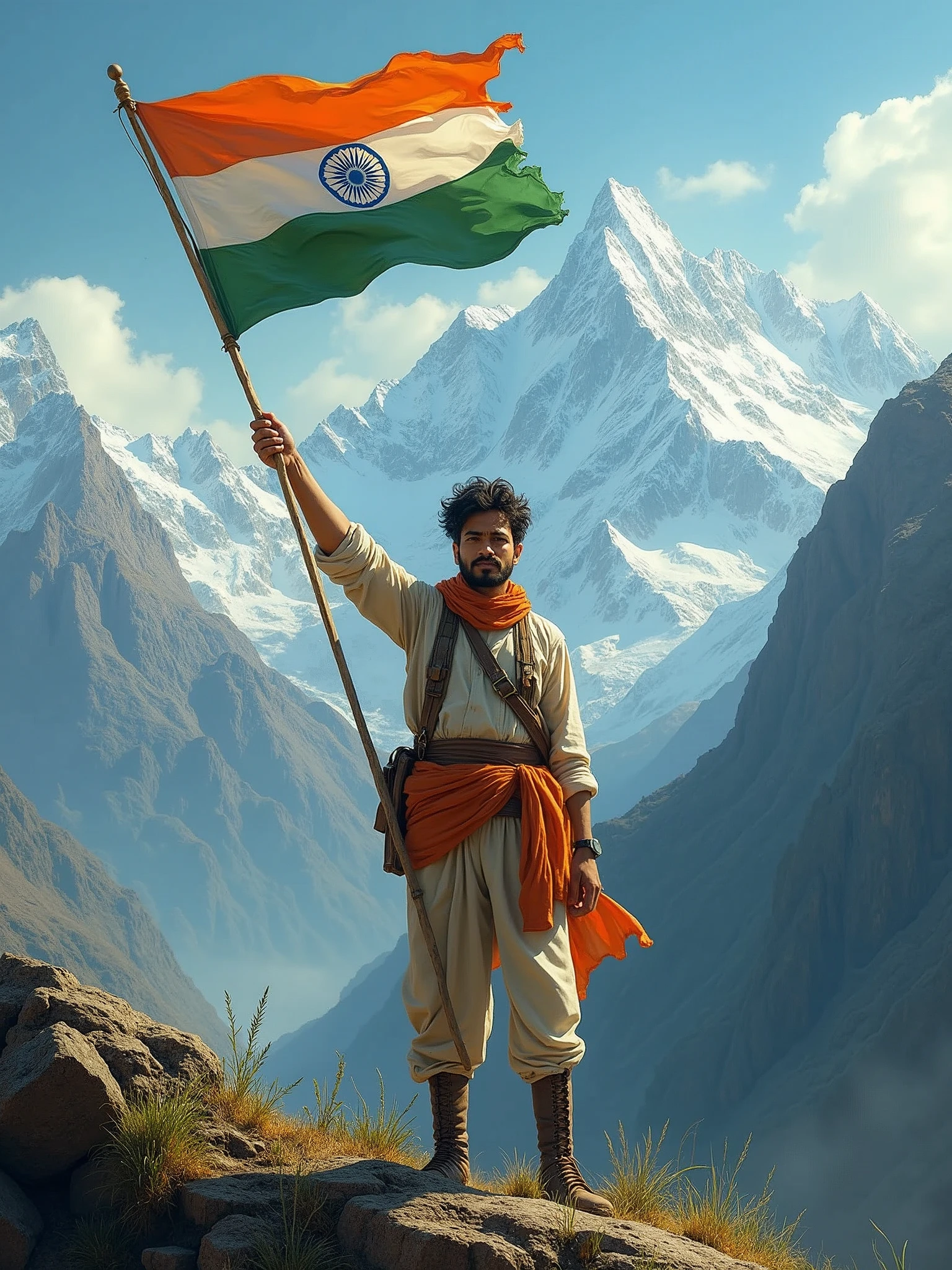Make a photo of India's great leader Bhagat Singh ji who is standing on the middle of the mountains by taking an India flag
