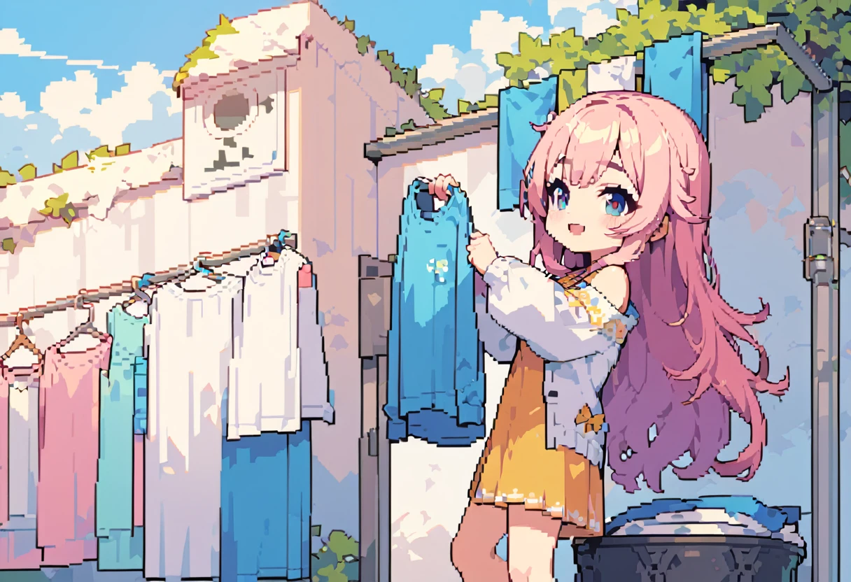 masterpiece, Highest quality, 8k, Pixel art, Pixel art, Vivid, high details, (((1girl))), smile, cute, Directed at an angle, Open your mouth, Fluffy hair, Long Hair, Hair like sheep's hair, Pink Hair, eyebrow, 太いeyebrow, Hanging out the laundry, Large white sheets, Clothesline, sun, blue sky