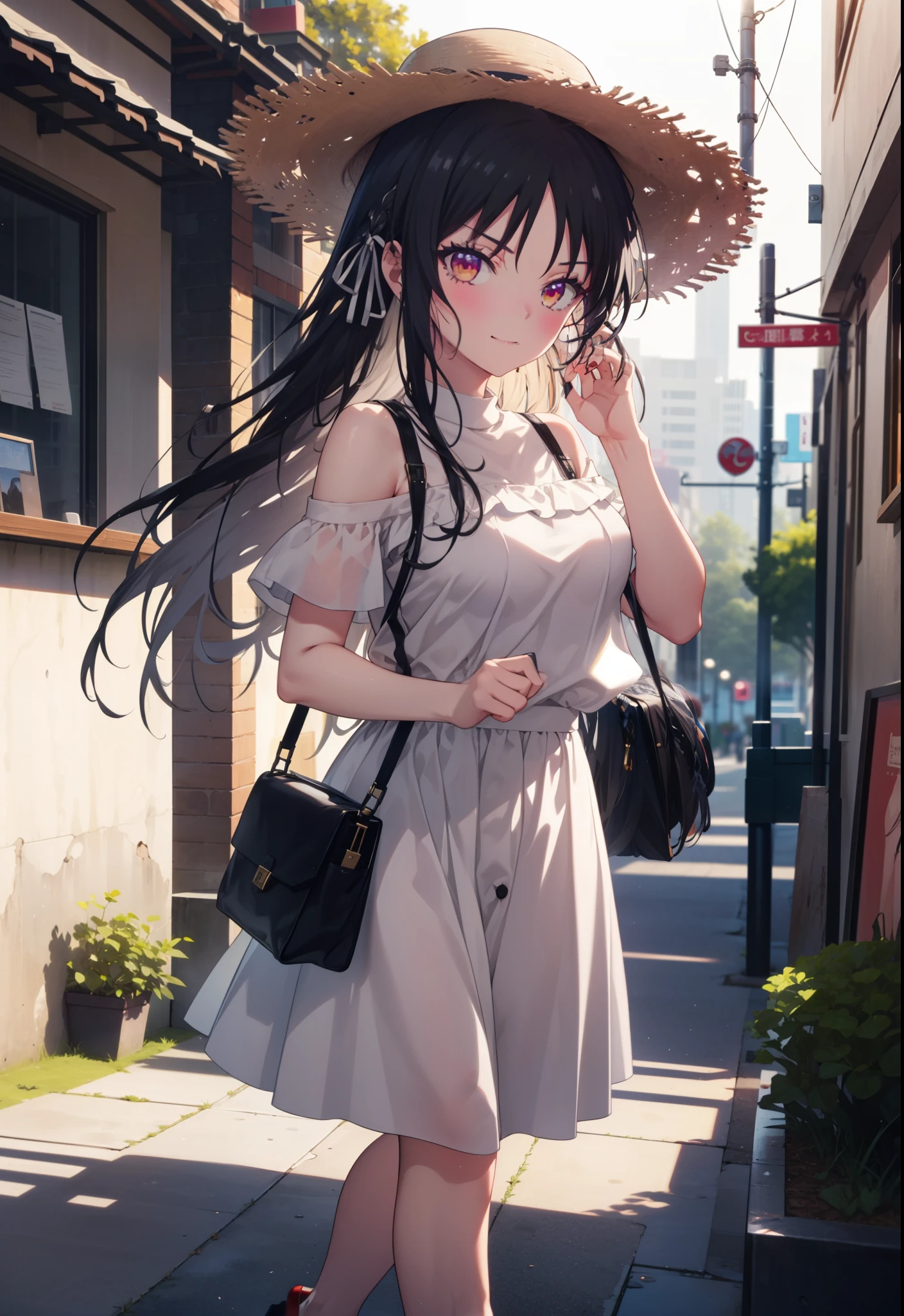 Suzune Horikita, suzune horikita, Long Hair, Black Hair, (Red eyes:1.3), Hair Ribbon, Braiding,blush,smile,Straw hat,Cold Shoulder Shirt,Short sleeve,Long skirt,Cute heeled sandals,Walking,whole bodyがイラストに入るように,
break outdoors, Building district,
break looking at viewer, whole body,
break (masterpiece:1.2), Highest quality, High resolution, unity 8k wallpaper, (figure:0.8), (Beautiful attention to detail:1.6), Highly detailed face, Perfect lighting, Highly detailed CG, (Perfect hands, Perfect Anatomy),