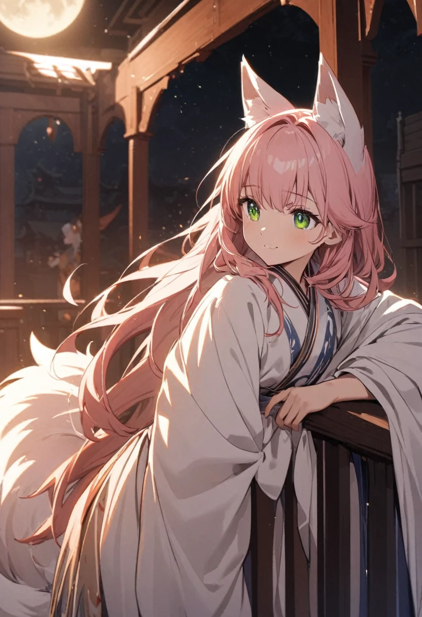 a Young girl, kitsune girl, long pink hair, green eyes, long kitsune ears, large and long pink tail, beautiful detailed eyes,  soft lighting, warm color palette, , cinematic composition, dramatic lighting, highly detailed, intricate details, In a room leaning on the railing watching the moon and stars on a dark night, next to her there would be a big white fox, kimono dragon Style, very happy 