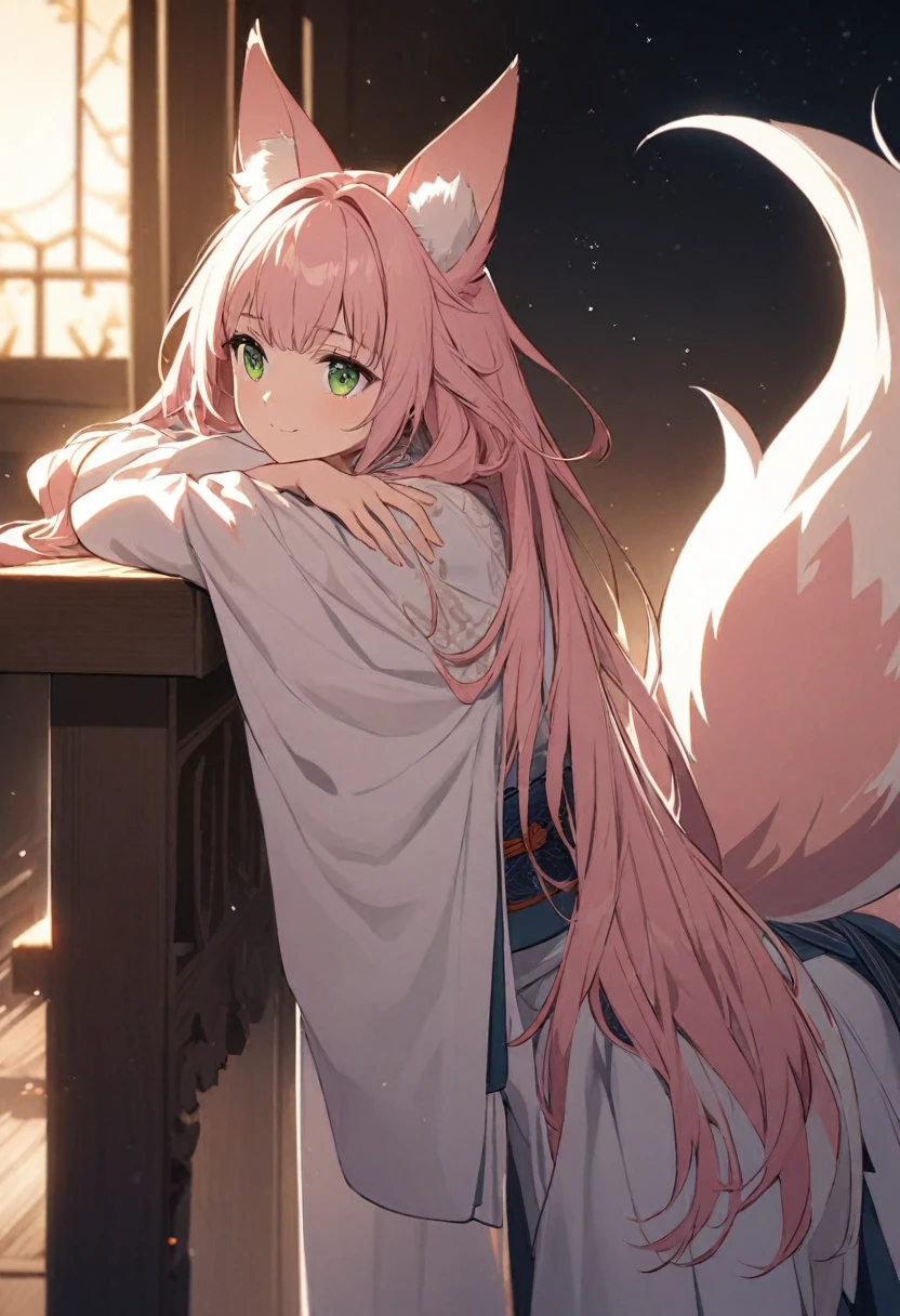 a Young girl, kitsune girl, long pink hair, green eyes, long kitsune ears, large and long pink tail, beautiful detailed eyes, soft lighting, warm color palette, , cinematic composition, dramatic lighting, highly detailed, intricate details, In a room leaning on the railing watching the moon and stars on a dark night, next to her there would be a big white fox, kimono dragon Style, very happy