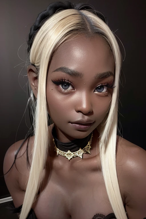 best quality, masterpiece, highres, (detailed:1.4), 1 girl, blonde hair, (dark skin:1.6), extremally thin eyebrows , thick bluish eyeshadow, thick black eyeliner, Highlighted eyes with eyeliner, false eyelashes, thick lips, open mouth, hands up