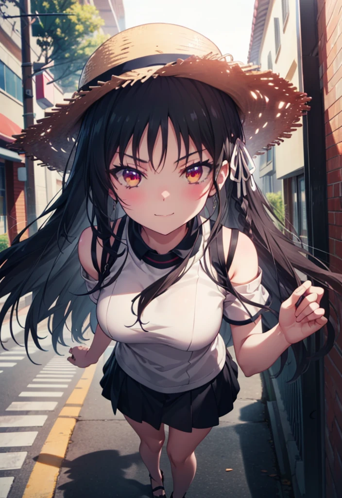 Suzune Horikita, suzune horikita, Long Hair, Black Hair, (Red eyes:1.3), Hair Ribbon, Braiding,blush,smile,Straw hat,Cold Shoulder Shirt,Short sleeve,Red long skirt,Cute heeled sandals,Walking,whole bodyがイラストに入るように,
break outdoors, Building district,
break looking at viewer, whole body,
break (masterpiece:1.2), Highest quality, High resolution, unity 8k wallpaper, (figure:0.8), (Beautiful attention to detail:1.6), Highly detailed face, Perfect lighting, Highly detailed CG, (Perfect hands, Perfect Anatomy),