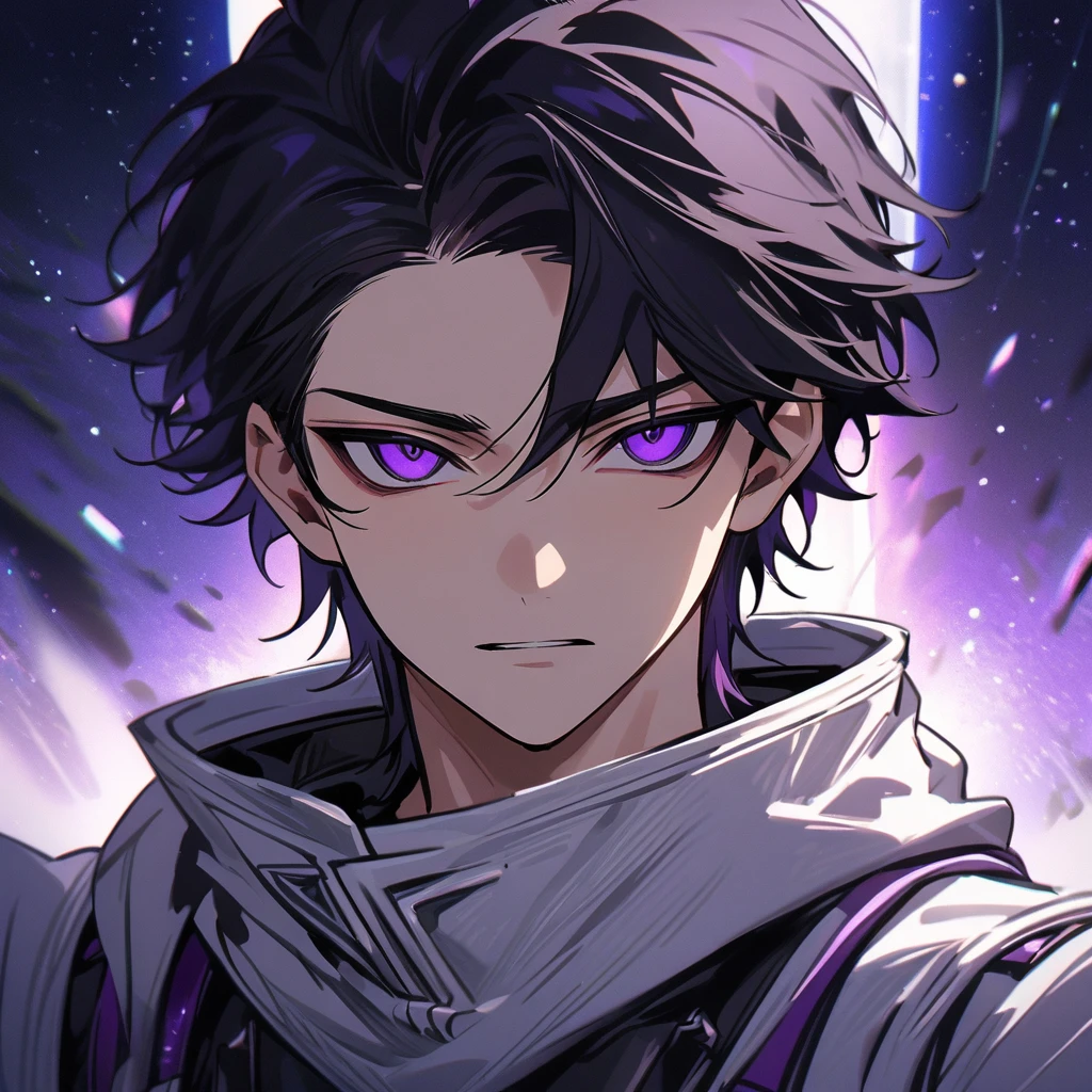 High quality, HD, 4k, no shadows, handsome male, handsome, 1male, 18 years old, 18yo, short black hair, dark hair, black hair, jet black hair, sharp eyes, deep purple colored eyes, dark purple colored eyes, deep purple eyes, purple eyes, devil may cry, close up, calm expression, stoic expression, black leather clothes, white leather clothing, lean body, well trained body, upper body, looking at viewer, cowboy shot, white solar, space background