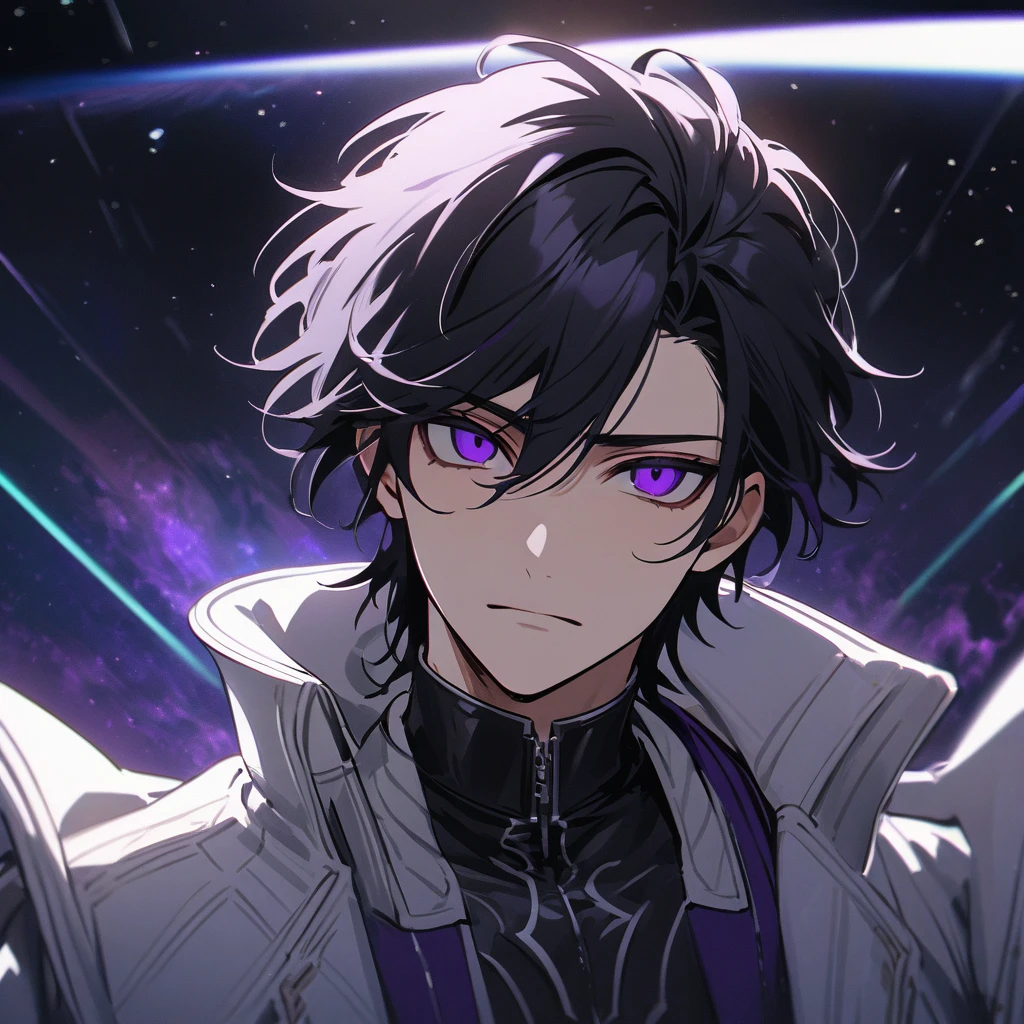 High quality, HD, 4k, no shadows, handsome male, handsome, 1male, 18 years old, 18yo, short black hair, dark hair, black hair, jet black hair, sharp eyes, deep purple colored eyes, dark purple colored eyes, deep purple eyes, purple eyes, devil may cry, close up, calm expression, stoic expression, black leather clothes, white leather clothing, lean body, well trained body, upper body, looking at viewer, cowboy shot, white solar, space background
