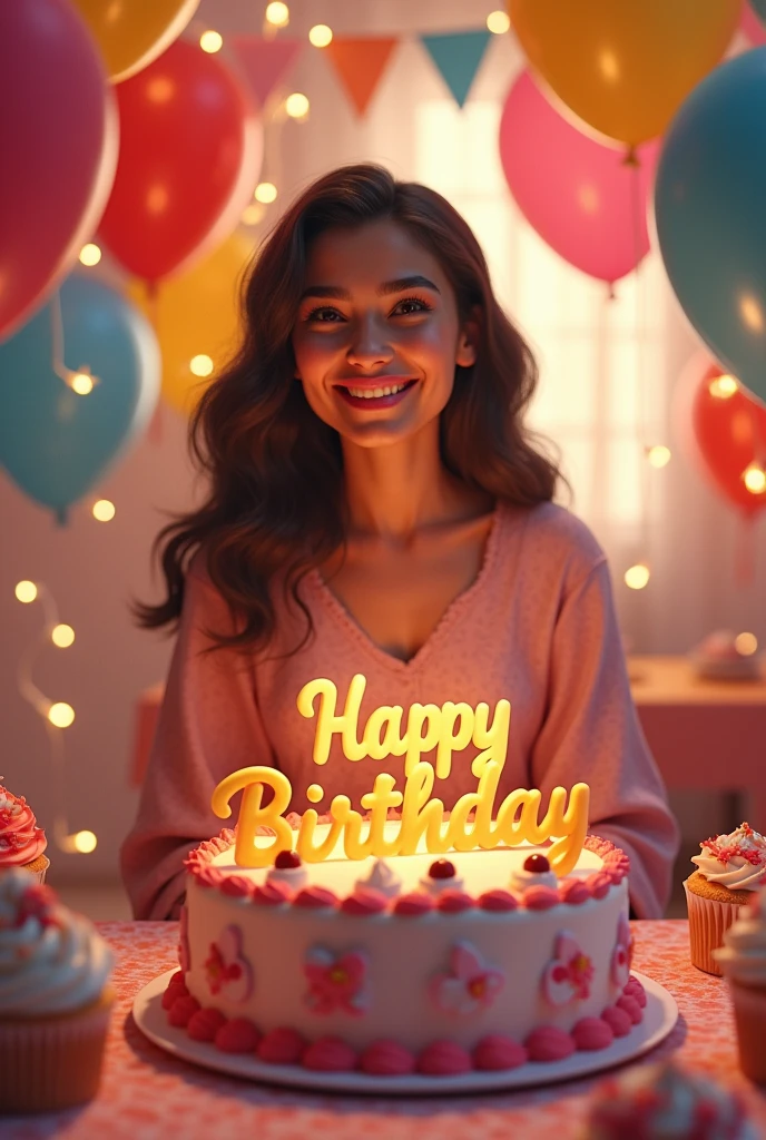 Birthday women
with cake name on Cake (Rabia Noor) background Balloons and birthday lights