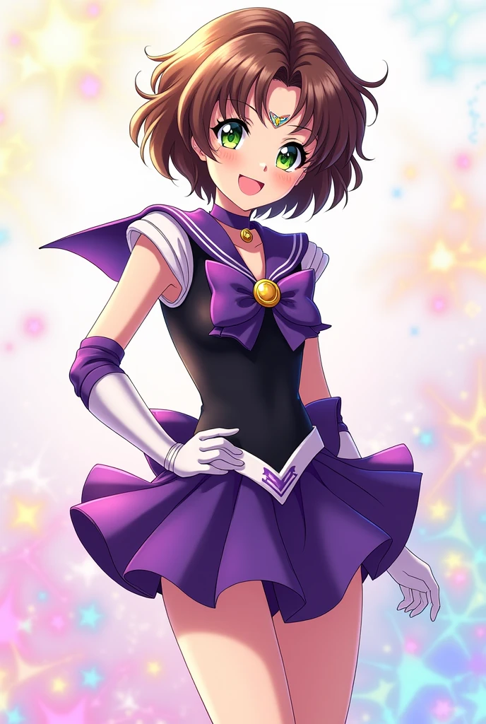 anime girl, green eyes, short brown hair, happy expression, dressed in Sailor Moon Saturn transformation