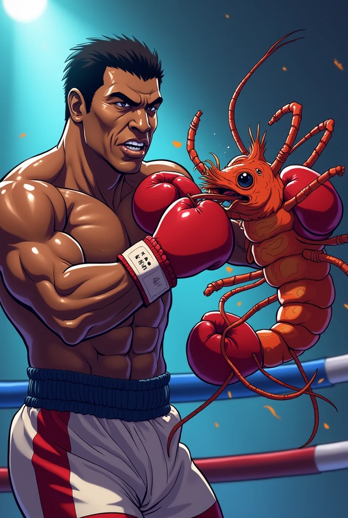 (anime style) Mike Tyson getting hit by a boxer shrimp.
