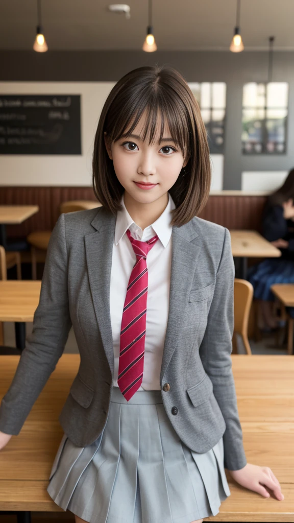 8k, Highest quality, The real picture, Intricate details, Very detailed, Ultra-high resolution, Depth Field,(Realistic,Realistic:1.2),Tabletop , Front shot , Shot in a fashionable café , girl, とても美しい17歳のgirl, Innocent big eyes,、Very detailed目:1.2)、Bangledium Shorthair, Perfect Skin, Fair skin, Tight waist, A slight blush, View your viewers, smile, ((School_uniform),(blazer), (White shirt、Wear a tie), (Grey pleated skirt), (Sculptural installation :1.1), Urban cafe space, Customers enjoying the cafe