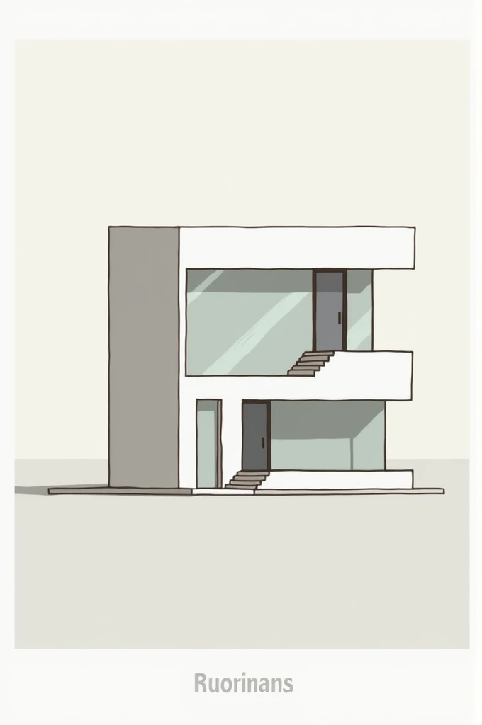 Make a medium-sized building with large windows downstairs with a door in the center on the left side and some stairs. I want everything to be a minimalist and functional design.
